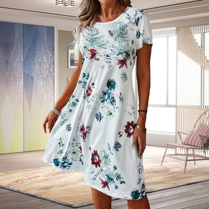 ✨【Žhavý výprodej】👗【【S-5XL】2025 Nové módní šifonové šaty s krátkým rukávem a potiskem, kulatým výstřihem