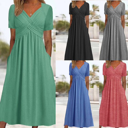 2026 Vestido casual midi de color sólido Nuevo vestido suelto de manga corta de verano.
