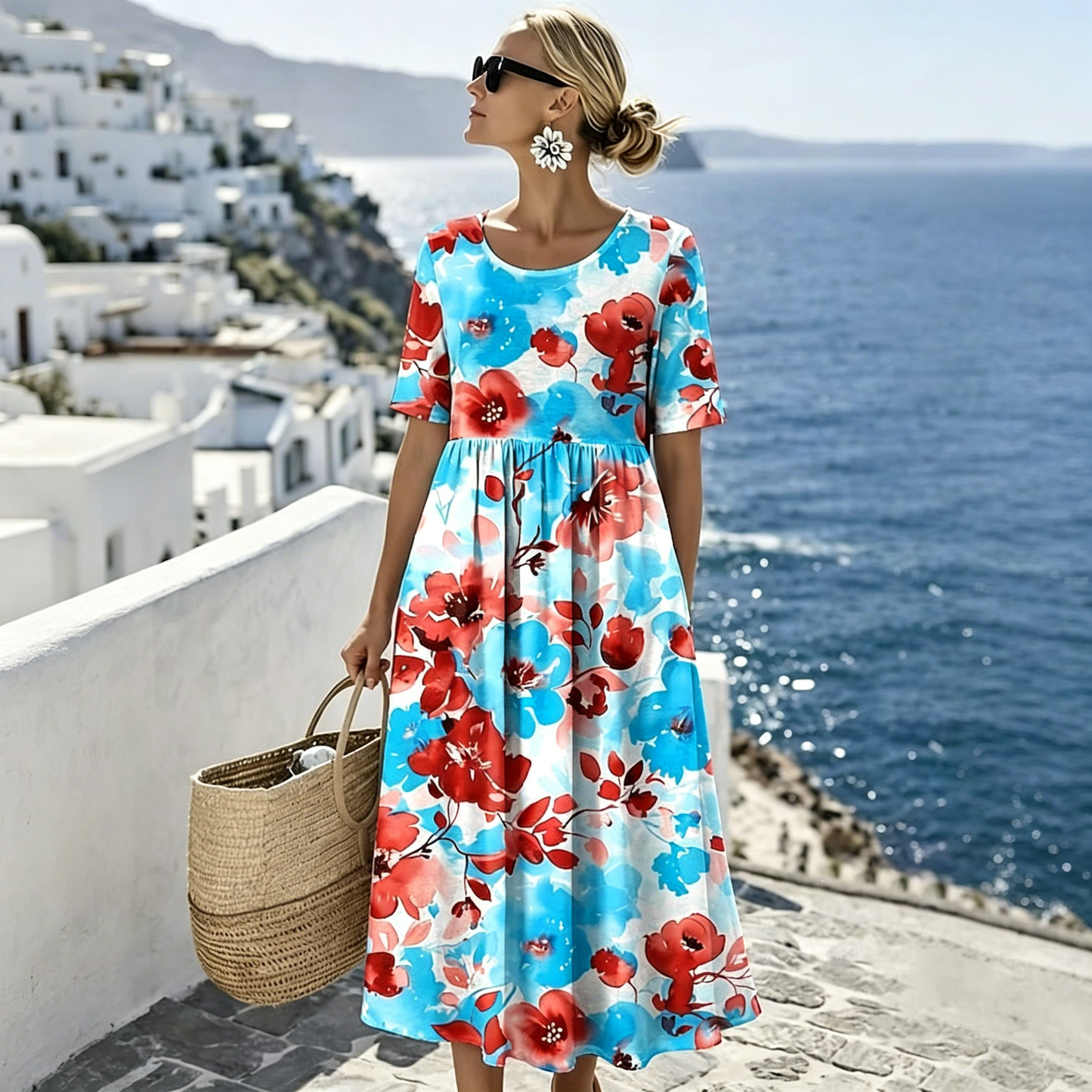 👗【S-4XL】Ležérne potlačené šaty na leto 2026, okrúhly výstrih, s vreckami, platba na dobierku.