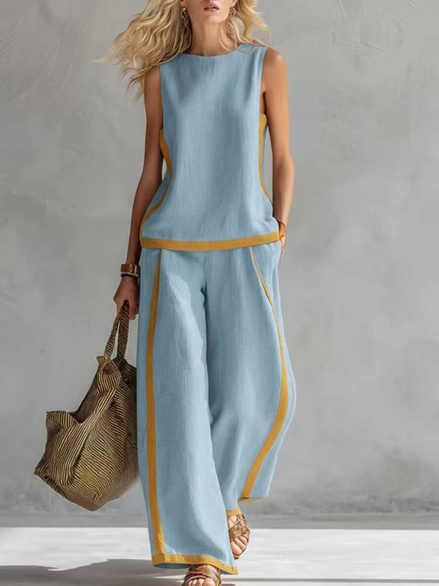 2026 Nuevo conjunto moderno de dos piezas para mujer: top sin mangas con detalles en contraste y pantalones de pierna ancha - Estilo veraniego, casual y chic.