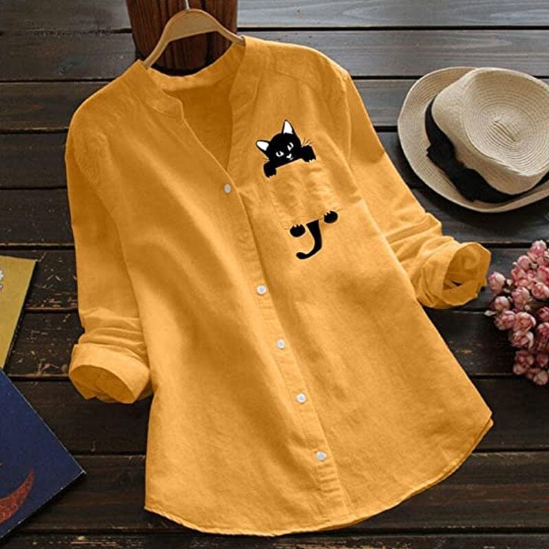 ✨🌿【Jarní novinka🔥】【S-3XL】2025 Jarní nová módní kočičí košile s dlouhým rukávem a výstřihem do V -- 3928923