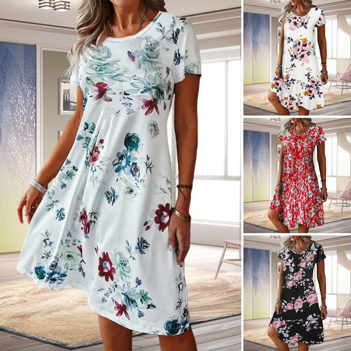 ✨【Žhavý výprodej】👗【【S-5XL】2025 Nové módní šifonové šaty s krátkým rukávem a potiskem, kulatým výstřihem