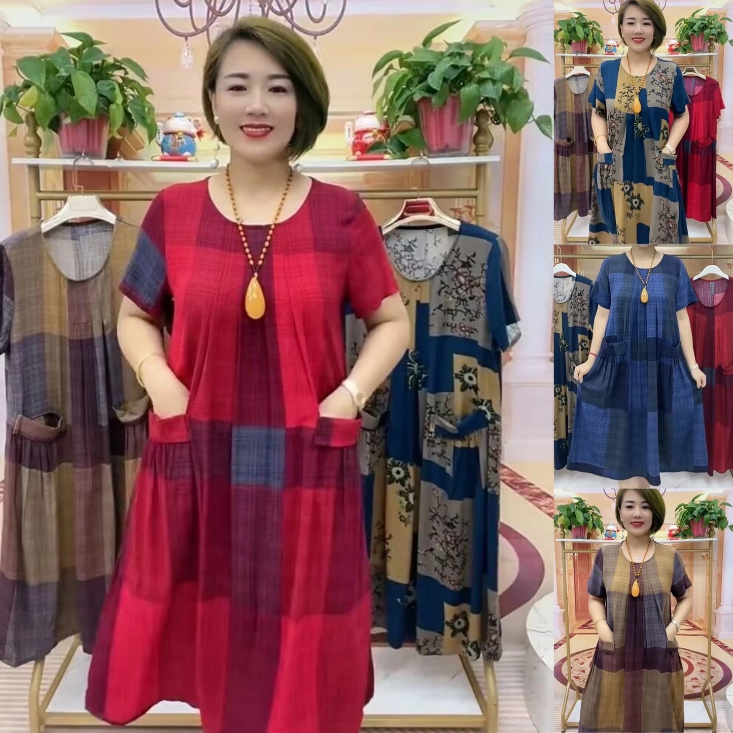 👗❤️【50–100 kg】2025 kostkované cestovní šaty, módní ležérní pohodlné šaty pro maminku -- 3939650