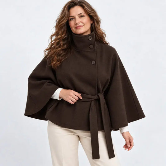 🧥✨【1 kus, S–3XL】Nová módna dámska pelerína na jeseň a zimu – hladká, so stojačikom, gombíkmi a opaskom.
