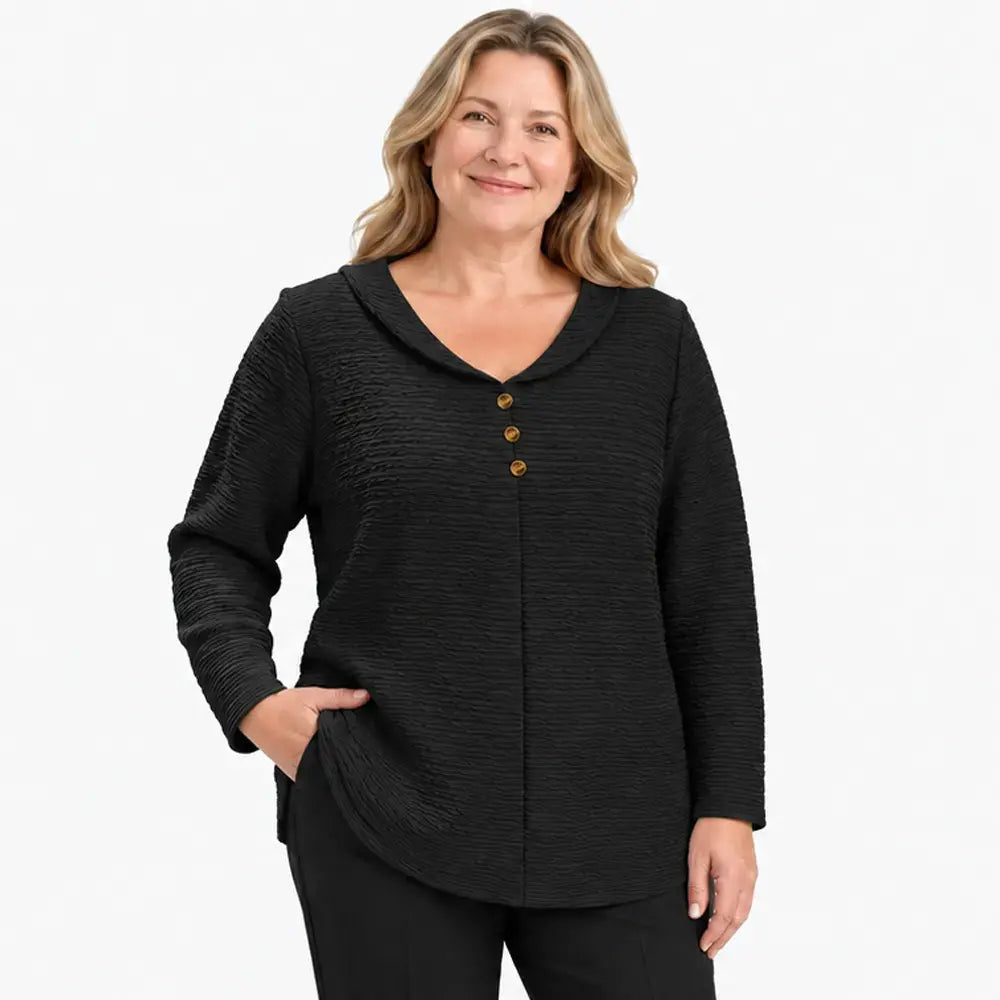 🔥【XL-5XL】🎁💖 Nový dámsky top nadmerných veľkostí so zapínaním na gombíky a v jednofarebnom vyhotovení; vyznačuje sa štruktúrovanou, plisovanou látkou a okrúhlym golierom (typu Peter Pan).