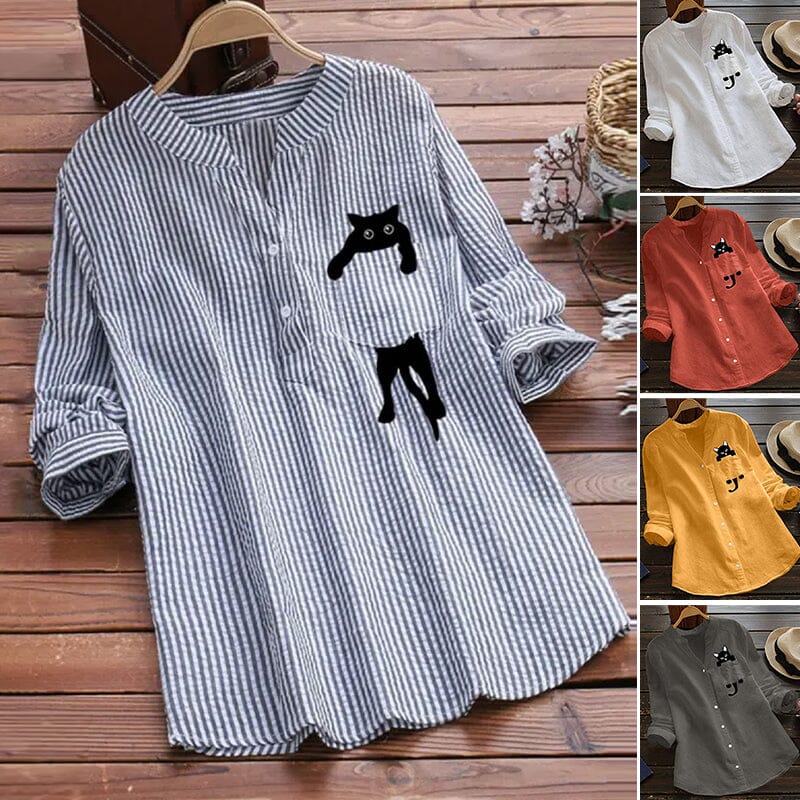 ✨🌿【Jarní novinka🔥】【S-3XL】2025 Jarní nová módní kočičí košile s dlouhým rukávem a výstřihem do V -- 3928923