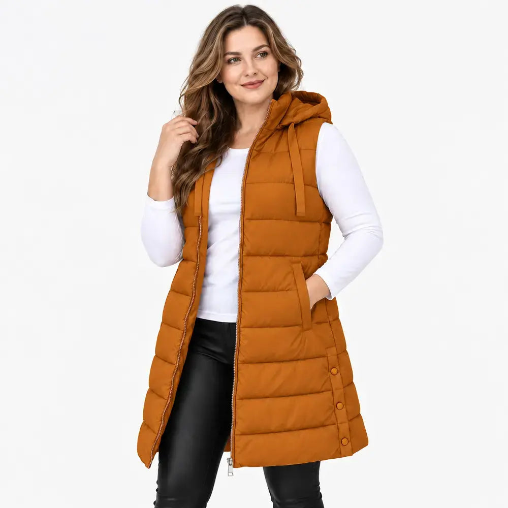 🧥✨【S–5XL】Hladká zateplená vesta s kapucňou a zipsom – prešívaná stredná dĺžka na vrstvenie.