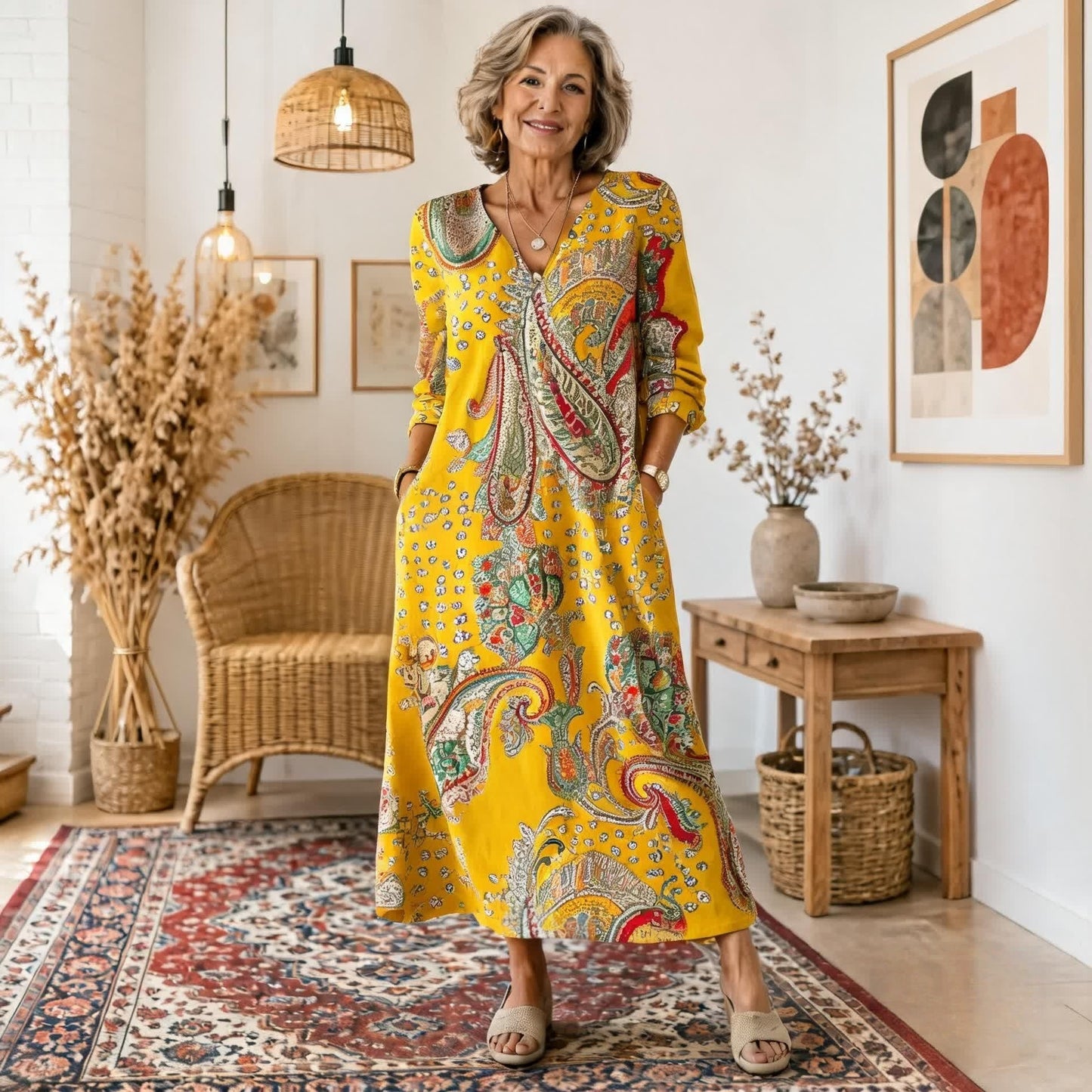 Manuela | Vestido Maxi Bohemio con Estampado Étnico y Corte Favorecedor
