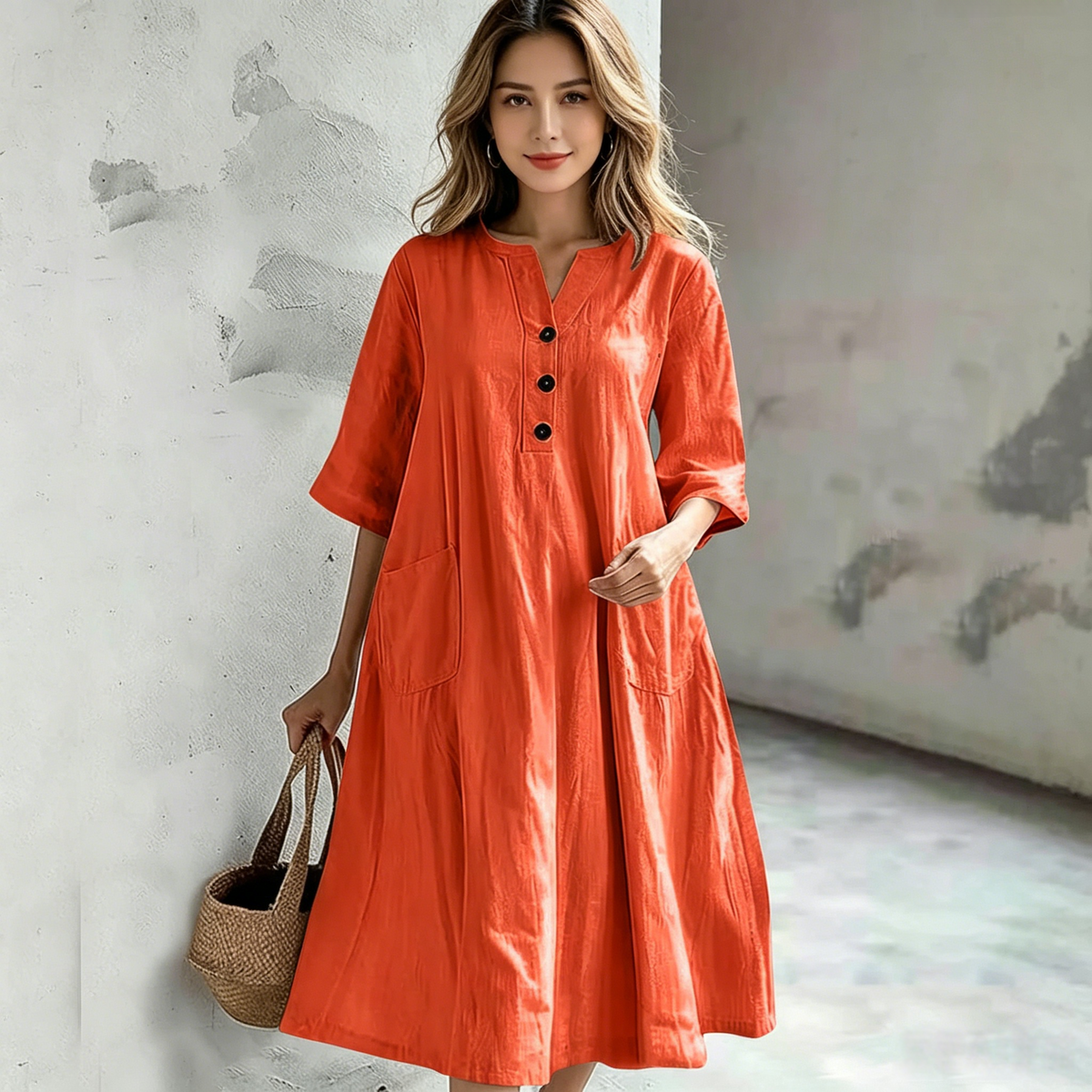 【S-5XL】Vestido de mujer de largo medio, cuello en V, manga corta, de algodón y lino, de corte holgado, con tres bolsillos abotonados, cómodo y transpirable.