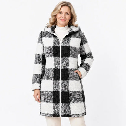 ✨【S-3XL】Dlhý obojstranný dámsky kardigán/kabát na zips – umelá kožušina a károvaný vzor (jeseň/zima)