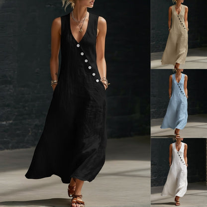✨【S-3XL】Vestido cómodo de algodón y lino para mujer, sin mangas, con botones.