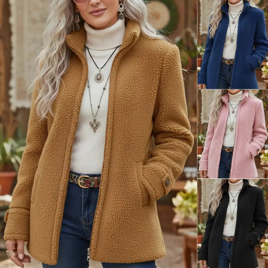 Abrigo de lana de corte holgado para mujer, con cremallera y forro polar; tallas S–3XL