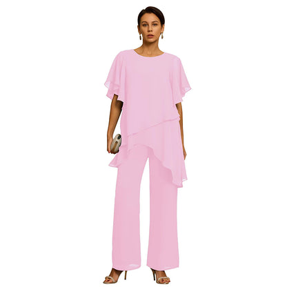 【S-3XL】Elegante Conjunto de Chifón: Top Asimétrico με Volantes y Pantalón Ancho – Look Sofisticado para Eventos