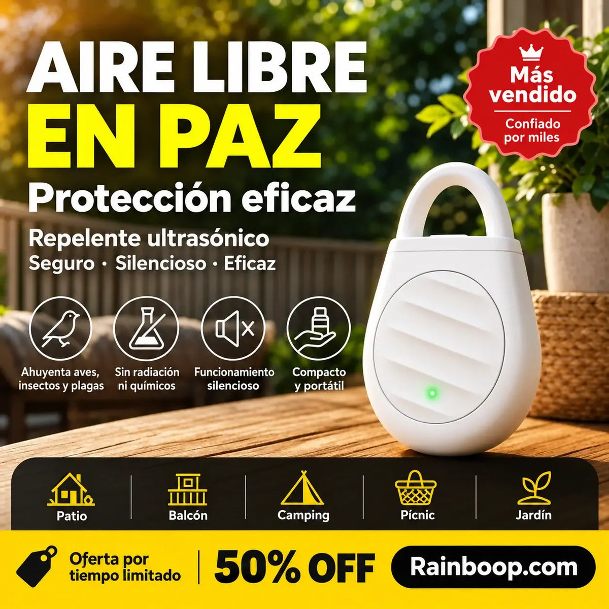 🐦 Repelente de pájaros ultrasónico portátil | Ahuyentador automático para palomas, ideal para balcones, jardines y exteriores