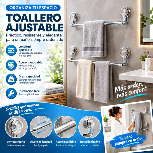 ✨Barra de toalla con ventosa ajustable: no requiere perforar, no daña y tiene un agarre cómodo.
