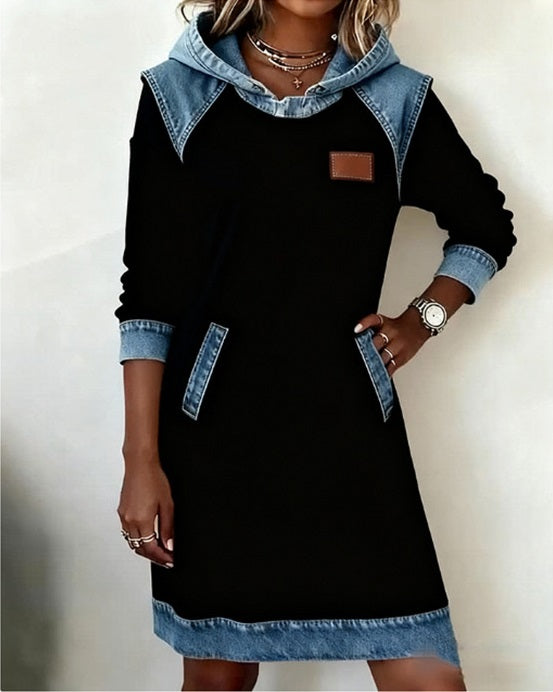🌷🌞 【S–3XL】 Zimné džínsové patchwork šaty s kapucou · Pohodlné · Štýlové na každý deň · -50% + rýchle doručenie