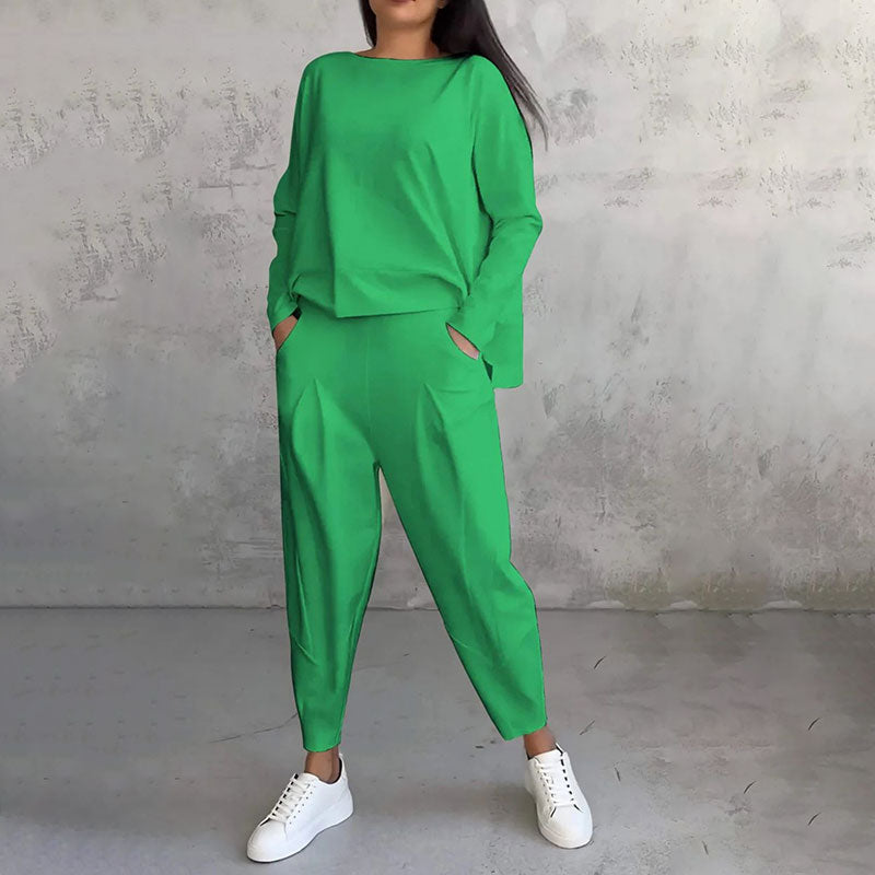 💖【Top + Kalhoty】 Módní dvoudílná souprava, jednobarevné ležérní a trendy dámské oblečení, příjemná látka z čisté bavlny-3895229