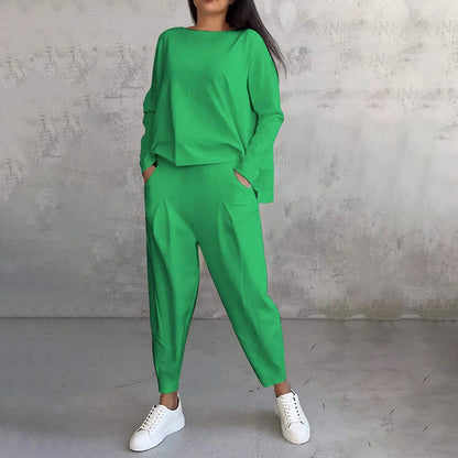 💖【Top + Kalhoty】 Módní dvoudílná souprava, jednobarevné ležérní a trendy dámské oblečení, příjemná látka z čisté bavlny-3895229