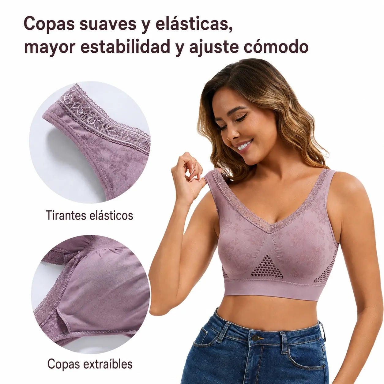 😍❤️40-120 kg【Paquete de 3】✨Sujetador de encaje sin aros para mujer, alta sujeción