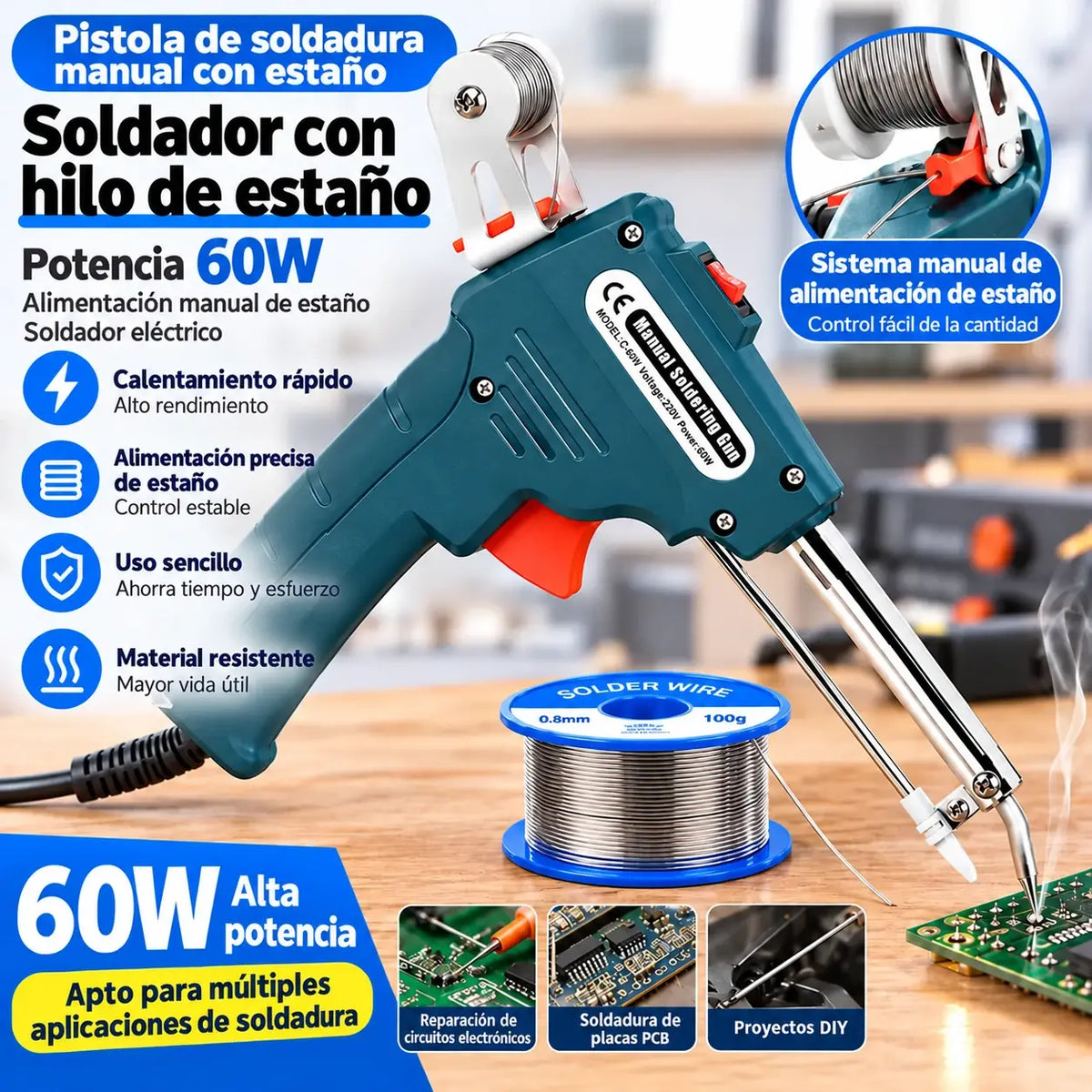 ⏳ Oferta limitada 🔥 Soldador de alto rendimiento 60 W + Bomba desoldadora semialuminio + Pinzas de punta fina y curva + Estaño 50 g