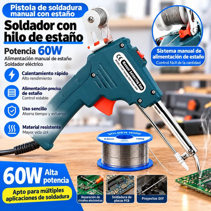 ⏳ Oferta limitada 🔥 Soldador de alto rendimiento 60 W + Bomba desoldadora semialuminio + Pinzas de punta fina y curva + Estaño 50 g