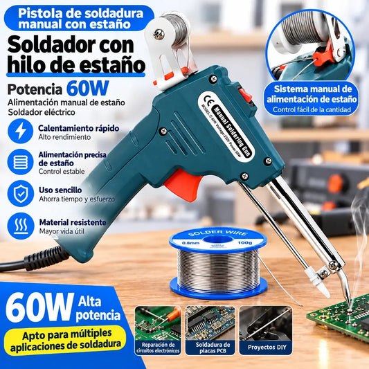 ⏳ Oferta limitada 🔥 Soldador de alto rendimiento 60 W + Bomba desoldadora semialuminio + Pinzas de punta fina y curva + Estaño 50 g
