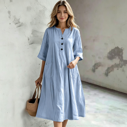 【S-5XL】Vestido de mujer de largo medio, cuello en V, manga corta, de algodón y lino, de corte holgado, con tres bolsillos abotonados, cómodo y transpirable.