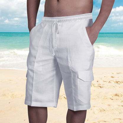 👖⛵【50-100 kg】😍2025 Nové pánské krátké lněné overaly, plus size, pánské plážové kraťasy se stahovací šňůrkou a několika kapsami