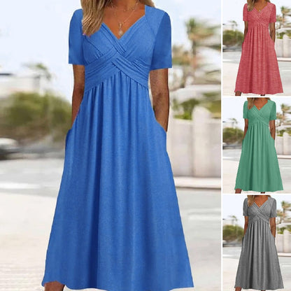 2026 Vestido casual midi de color sólido Nuevo vestido suelto de manga corta de verano.