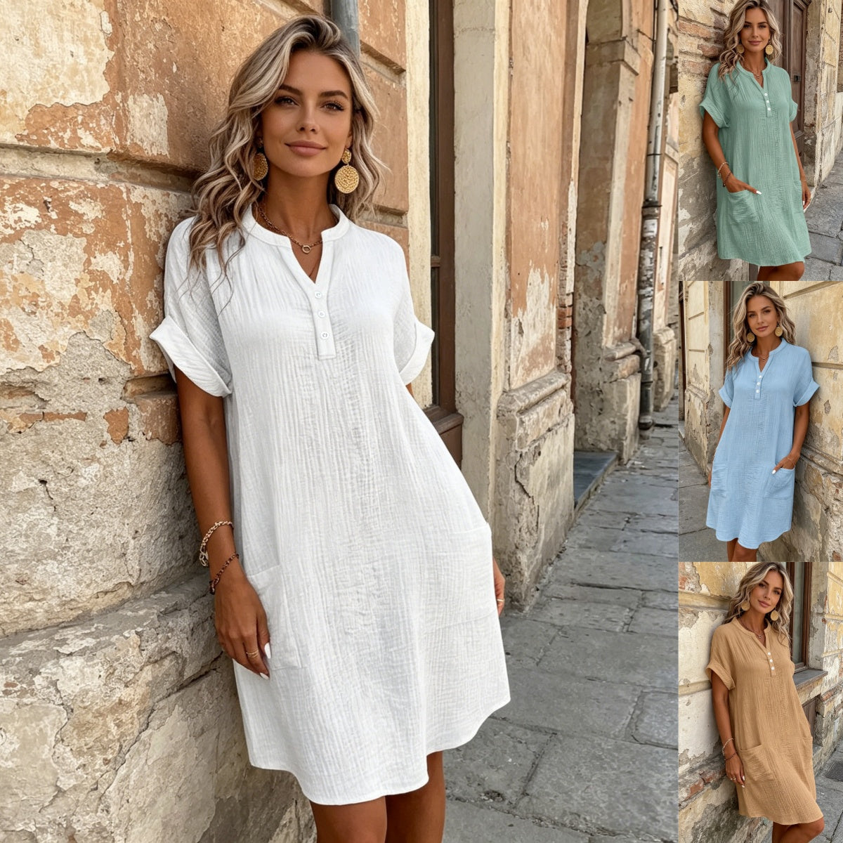 🎁 50% de descuento 🔥【40-90 kg】Vestido de viaje de manga corta para mujer de algodón y lino - ligero y transpirable ✅️Pago contra entrega