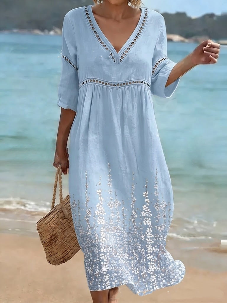 👗【S-3XL】Dámske dlhé šaty z bavlny a ľanu s potlačou – letný štýl, výstrih do V