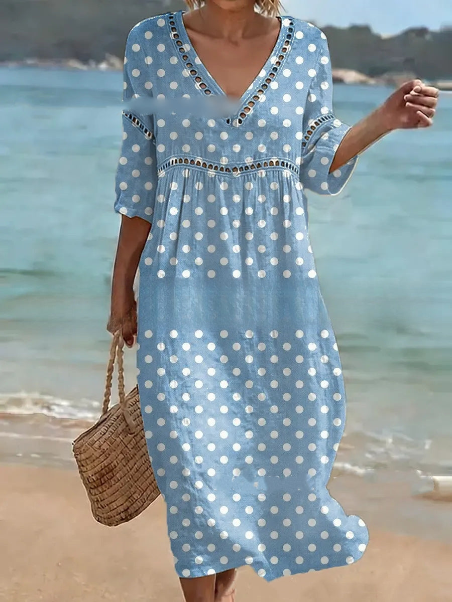 👗【S-3XL】Dámske dlhé šaty z bavlny a ľanu s potlačou – letný štýl, výstrih do V