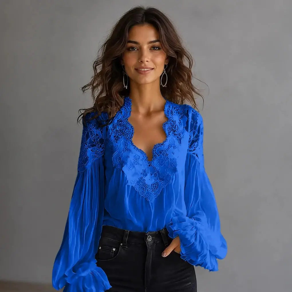 【S-3XL】Blusa de encaje con diseño de paneles y cuello en V