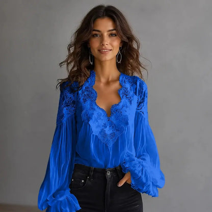 【S-3XL】Blusa de encaje con diseño de paneles y cuello en V