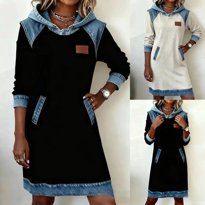 🌷🌞 【S–3XL】 Zimné džínsové patchwork šaty s kapucou · Pohodlné · Štýlové na každý deň · -50% + rýchle doručenie