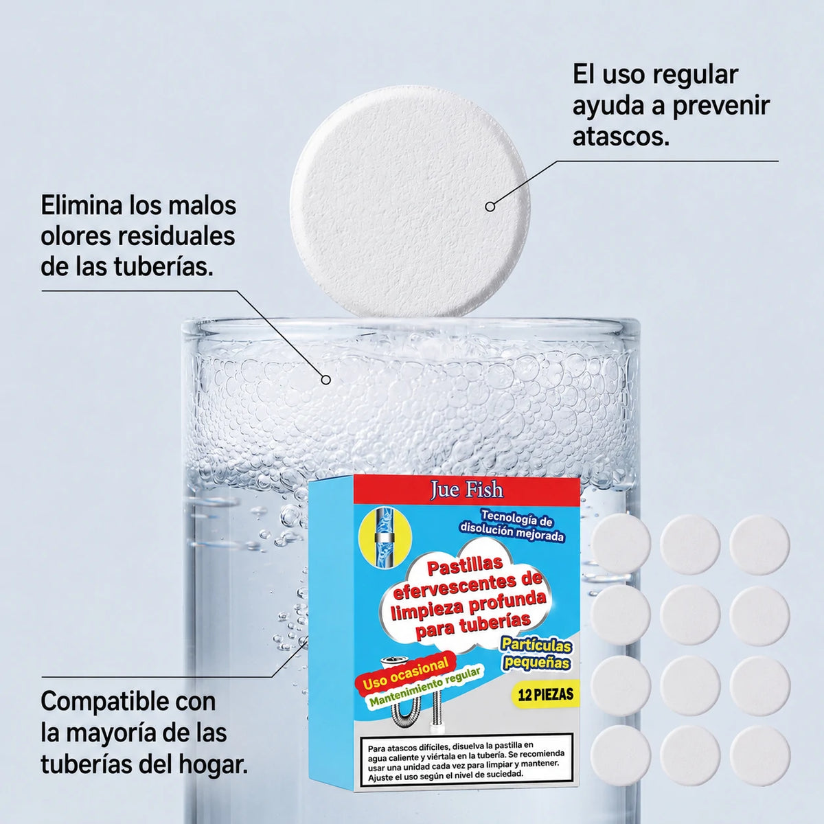 🥳💞 Potentes pastillas efervescentes para desatascar y limpiar tuberías. Eliminan grasa, cabello, malos olores y bacterias. Aptas para fregaderos, inodoros y desagües.