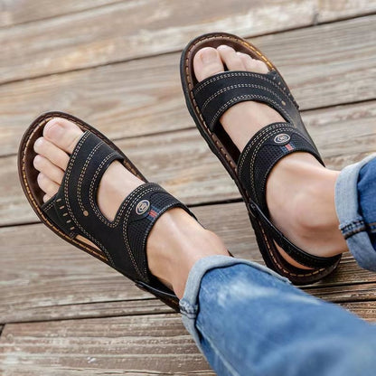 🐂【39-45】Nuevas sandalias de playa de cuero con suela gruesa para hombre - correa trasera ajustable para un ajuste seguro y cómodo.
