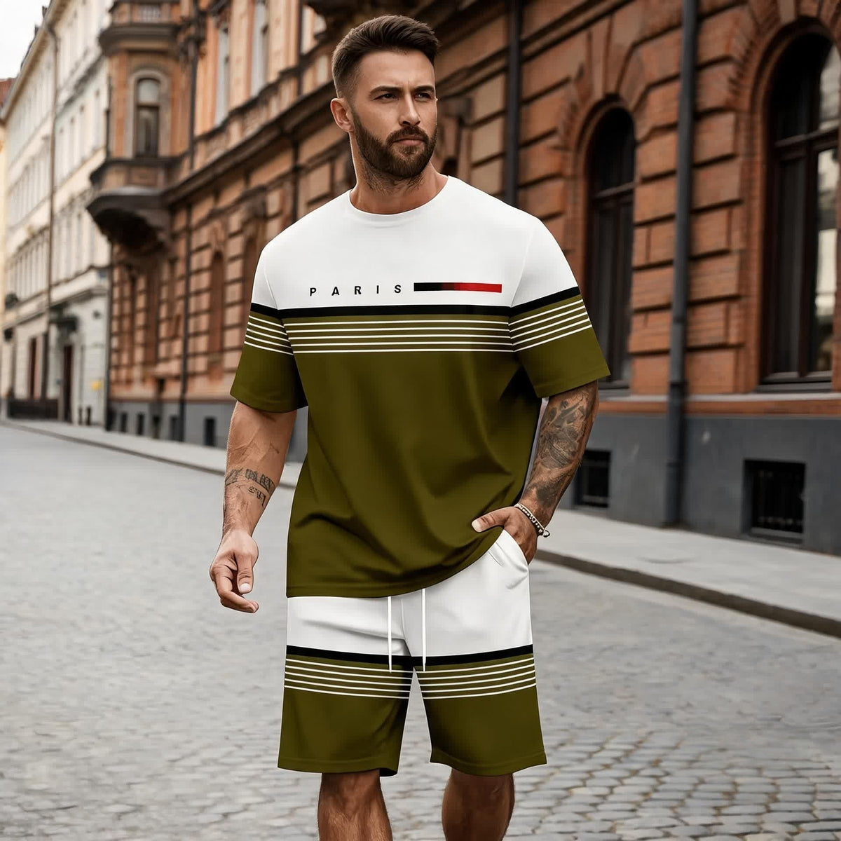 纯新品【S-5XL】Conjunto informal y cómodo de camisa de manga corta y pantalón corto con estampado de letras para hombre.