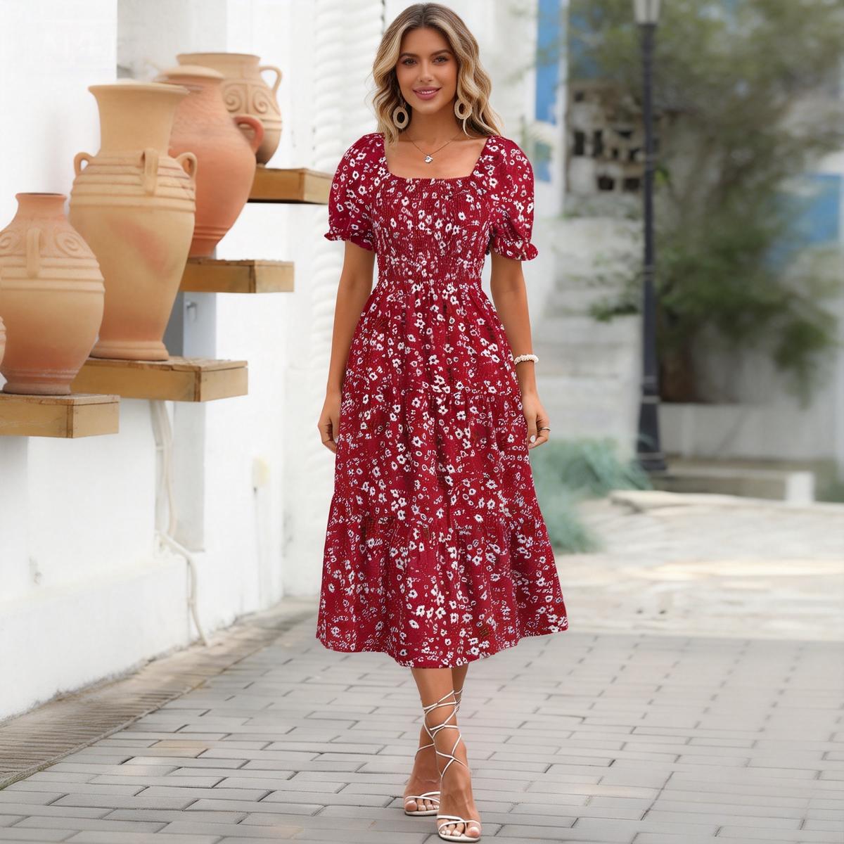 【S-3XL】Vestido nuevo estampado de cuello cuadrado, cintura ajustada y mangas abullonadas (colección 2026)
