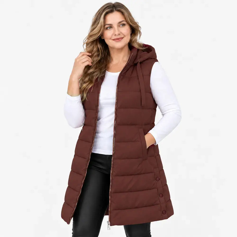 🧥✨【S–5XL】Hladká zateplená vesta s kapucňou a zipsom – prešívaná stredná dĺžka na vrstvenie.
