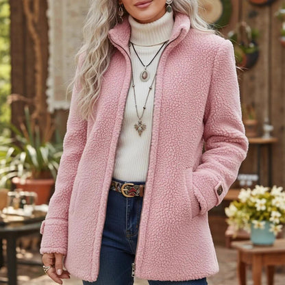 Abrigo de lana de corte holgado para mujer, con cremallera y forro polar; tallas S–3XL