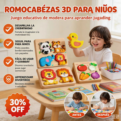 🔥【1 juego de 4 estilos】👧🏻🧩 Rompecabezas 3D de madera Montessori para educación infantil