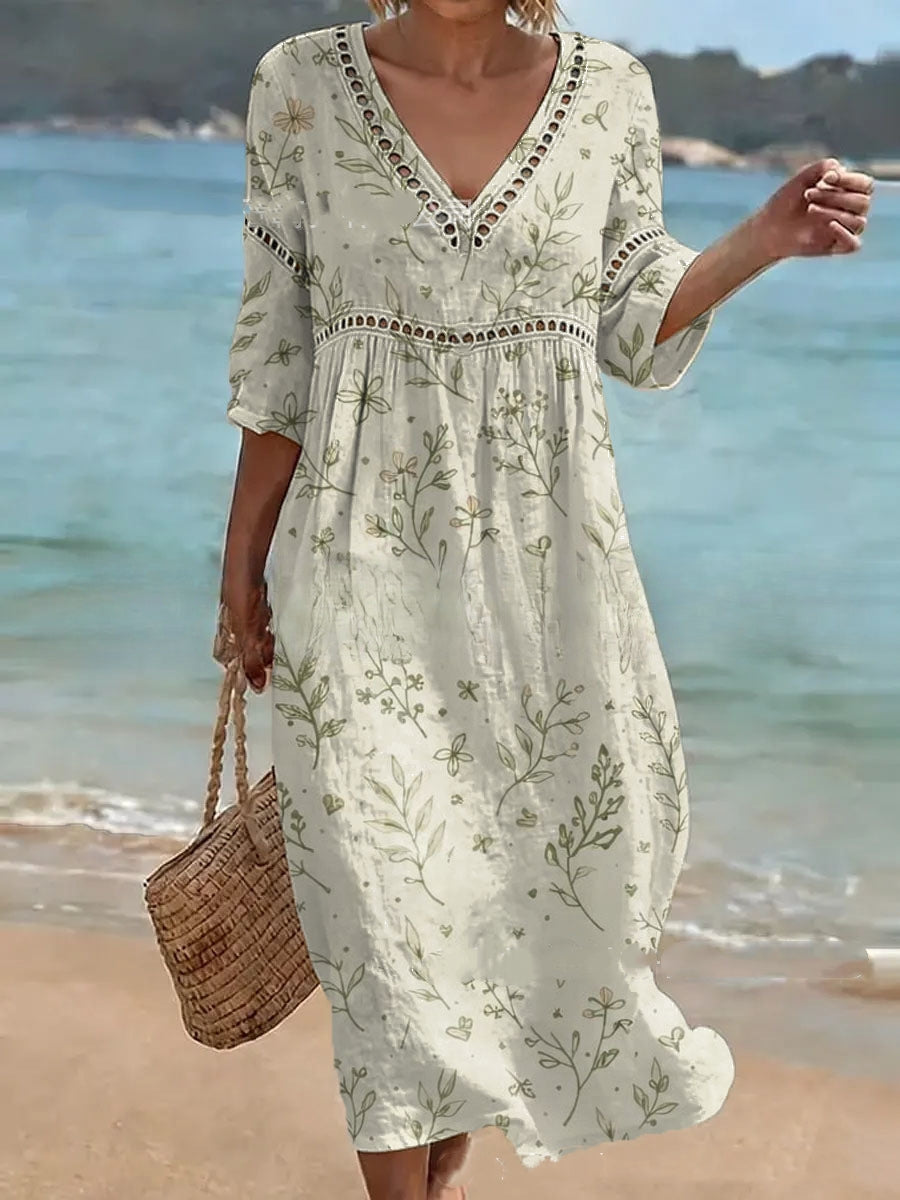 👗【S-3XL】Dámske dlhé šaty z bavlny a ľanu s potlačou – letný štýl, výstrih do V