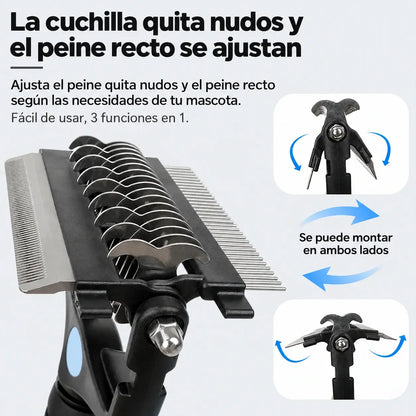 🐕🐈 Peine multifuncional 3 en 1 para desenredar el pelo de mascotas, peine para eliminar el pelo de perros y gatos.