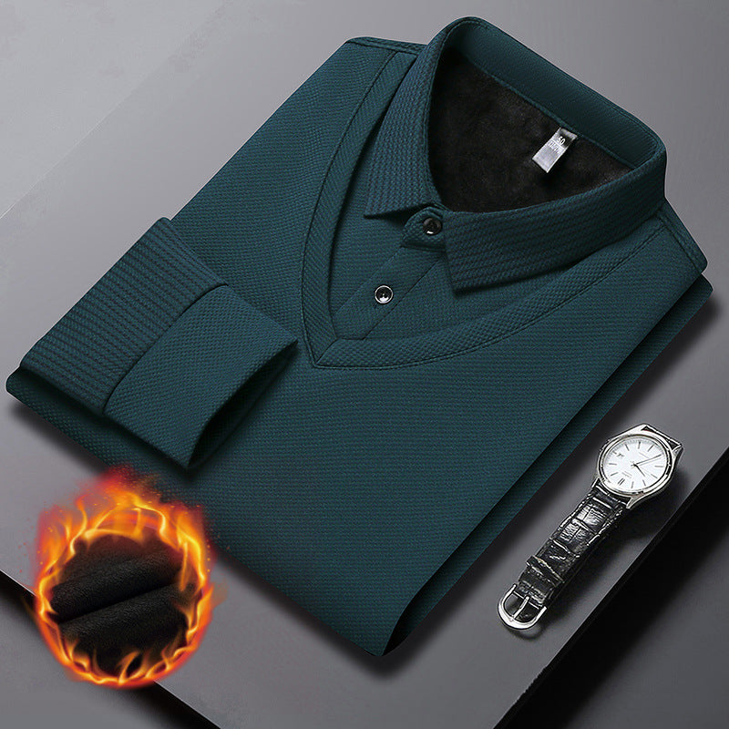 👔【M-4XL】 Podzimní a zimní ležérní a univerzální falešná dvoudílná POLO košile s dlouhým rukávem a sametový módní spodní díl-3837883