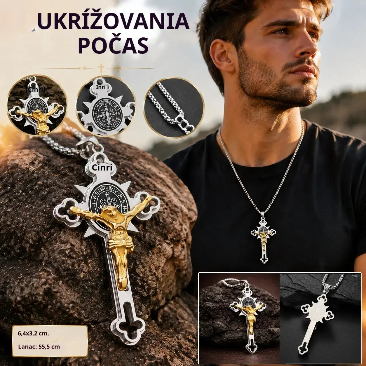 Prívesok s krížom v vintage štýle - Prívesok svätého Benedikta odolný voči zašpineniu s nastaviteľnou retiazkou