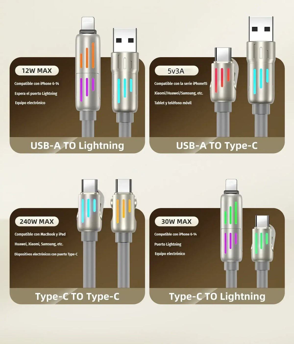 🌈 ¡Un solo cable, más comodidad! Cable de carga multifunción con luces RGB ✨
