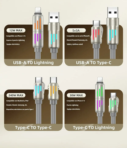 🌈 ¡Un solo cable, más comodidad! Cable de carga multifunción con luces RGB ✨