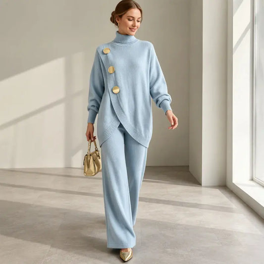 👗 Dvojdielny dámsky set S-3XL – rolák a široké nohavice, asymetrický dizajn so zlatými gombíkmi, 6 farieb.