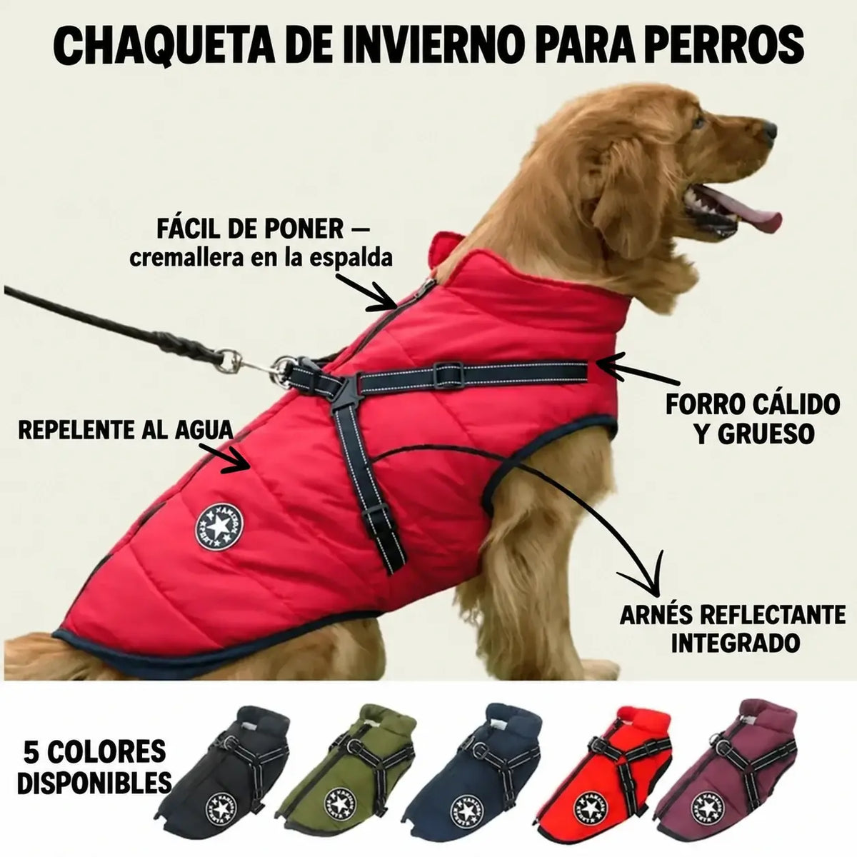 🐱🐶❄️ Abrigo acolchado y calentito para perros y gatos, impermeable, con elementos reflectantes y arnés integrado. ¡Tallas de la S a la 5XL para todas las razas! ✨